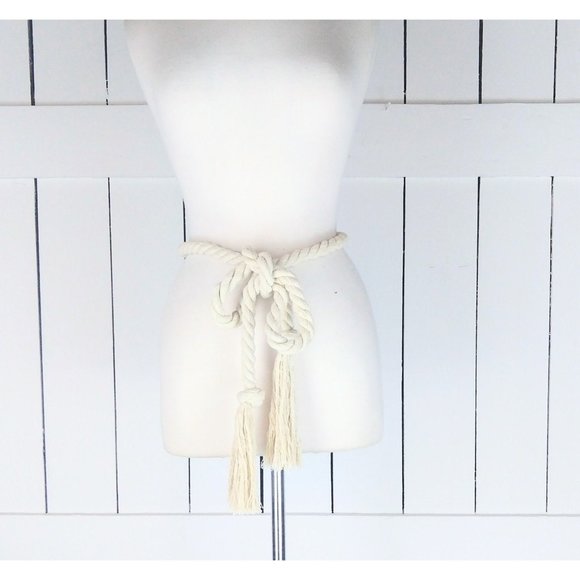 Ivory woven braided rope knotted fringe tassel tie belt - Picture 1 of 7